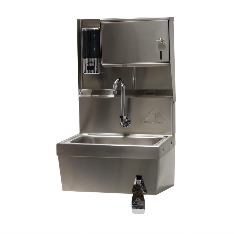 Product image #1 for Advance Tabco Wall Mounted Stainless Steel Hand Sink with 14 x 10 x 5 Bowl, Knee Valve, Gooseneck Faucet, Soap & Towel Dispenser