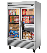 True Two-Section Reach-In Display Freezer with Framed Glass Doors, Self-Contained Bottom Mount