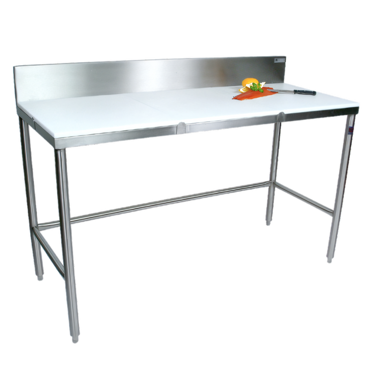 Product image #1 for John Boos 120-Inch x 30-Inch Reversible Poly Top Trimming Table with 6-Inch Removable Backsplash and Stainless Steel Legs