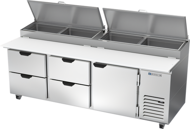 Product image #1 for Beverage-Air Three-Section Refrigerated Pizza Prep Table with 4 Drawers, 1 Door and 19-Inch Cutting Board