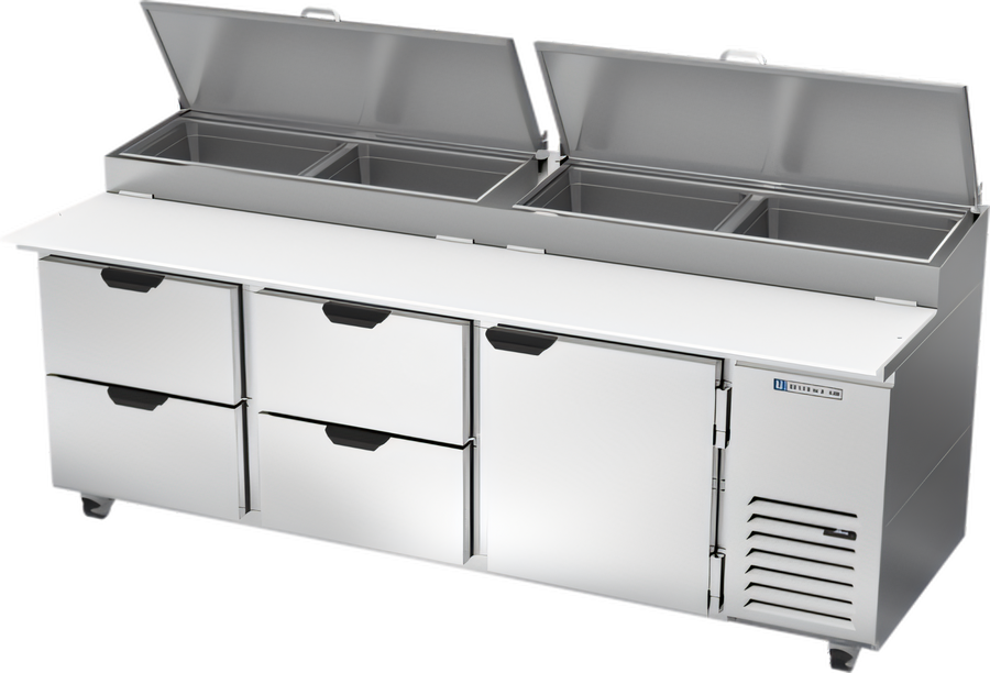 Product image #1 for Beverage-Air Three-Section Refrigerated Pizza Prep Table with 4 Drawers, 1 Door and 19-Inch Cutting Board