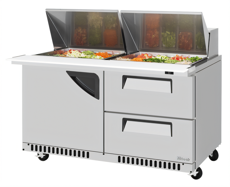 Product image #1 for Turbo Air Super Deluxe 2-Section Front Breathing Sandwich/Salad Mega Top Prep Table with 24-Pan Opening, 1 Door, and 2 Drawers
