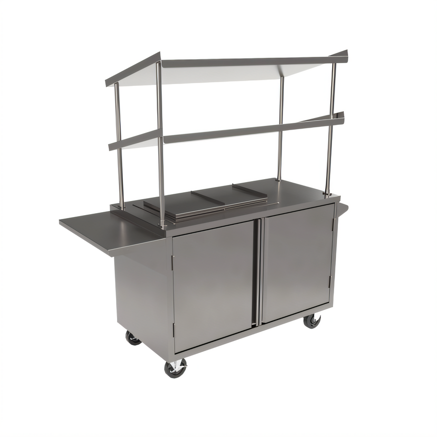 Product image #1 for Stainless Steel Cabinet Base Serving Cart with Locking Doors and Two Slanted Overshelves, 24 x 48 Inches