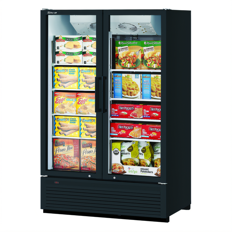Product image #1 for Turbo Air Super Deluxe 2-Section Glass Door Freezer Merchandiser, 42.1 Cu. Ft., Bottom-Mounted Self-Contained Refrigeration