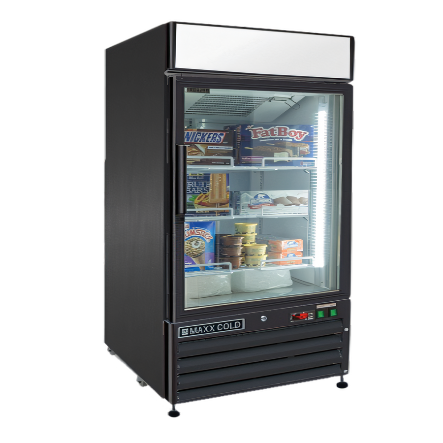 Product image #1 for Maxx Cold X-Series 1-Section 12 Cu. Ft. Reach-In Glass Door Merchandiser Freezer, Black, Bottom-Mounted Compressor