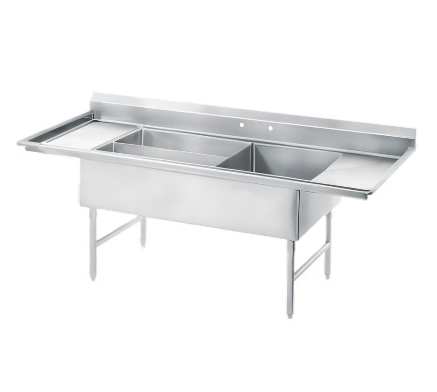 Product image #1 for Advance Tabco 3-Compartment Meat & Platter Sink with Dual Drainboards, Open Frame Base, and 8-1/2-Inch Backsplash