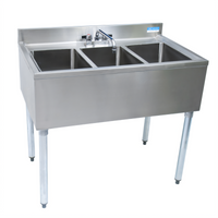 BK Resources Slim-Line 3-Compartment Underbar Sink, 36 Inch, 304 Stainless Steel, with Faucet and Drains