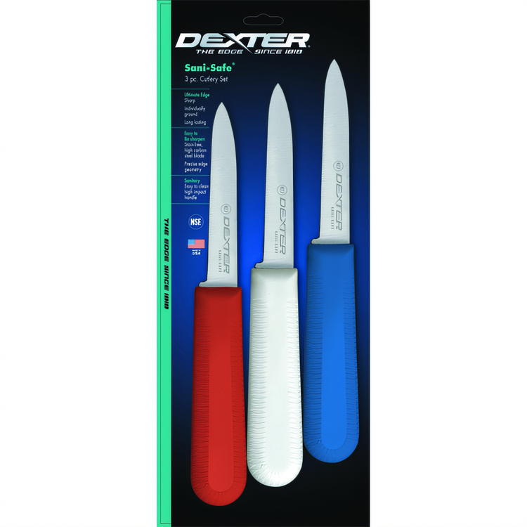 Product image #1 for Sani-Safe 3-1/4 Inch Cook's Style Paring Knife, Stamped Spear Point, High Carbon Stainless Steel, Assorted Handle Colors, 3-Pack