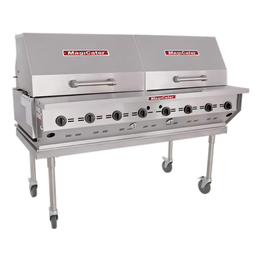 Product image #1 for Magicater 60-Inch Natural Gas Transportable Charbroiler with 8 Burners, Roll-Top Hoods and Casters