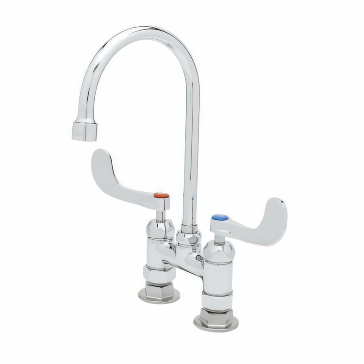 Product image #1 for T&S Brass B-0325-CR-WH4 Double Pantry Deck-Mount Faucet with 5-3/4" Swivel/Rigid Gooseneck Spout, 4" Centers
