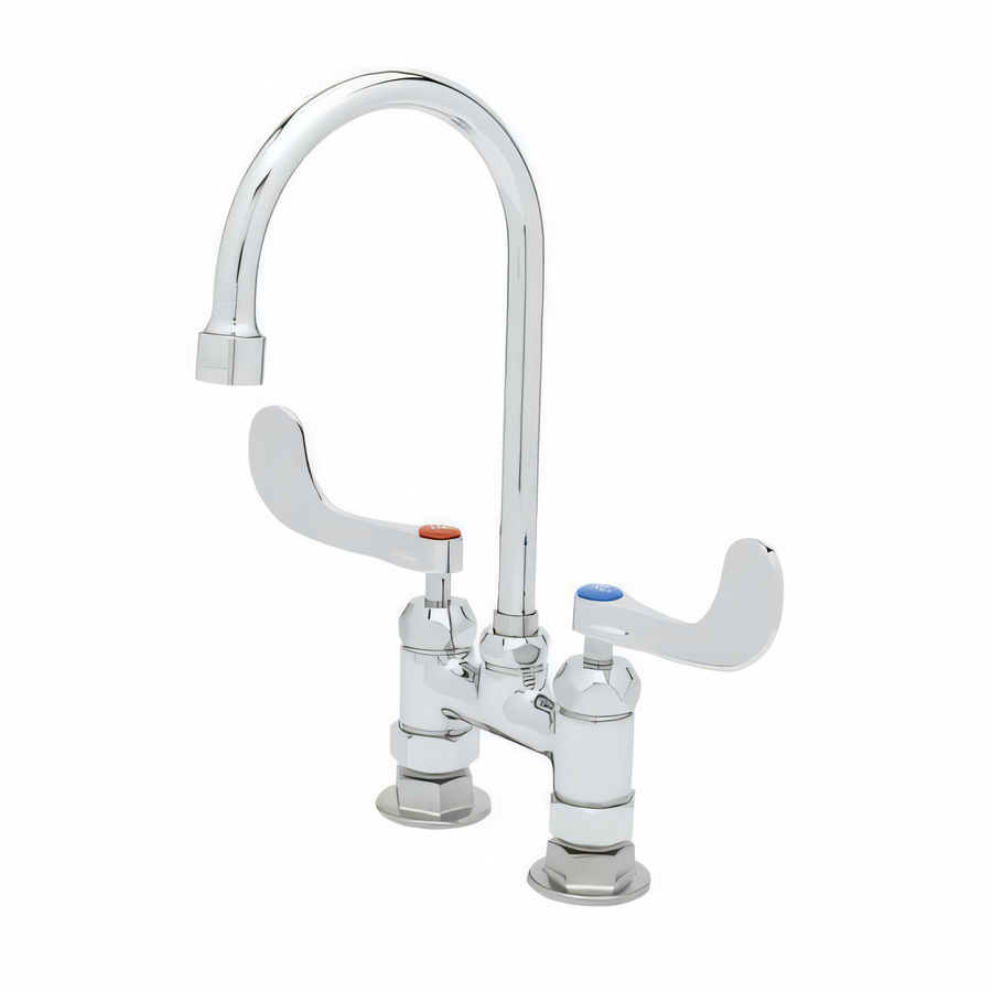 Product image #1 for T&S Brass B-0325-CR-WH4 Double Pantry Deck-Mount Faucet with 5-3/4" Swivel/Rigid Gooseneck Spout, 4" Centers