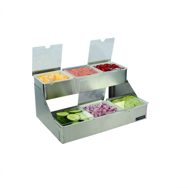 Product image #1 for 2-Tier Stepped Condiment Center with Individual Notched Lids, 6 x 1-Quart Inserts, Stainless Steel