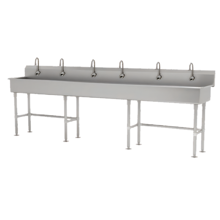 Product image #1 for Advance Tabco 120-Inch Six-Station Knee-Operated Floor-Mounted Hand Wash Sink with Gooseneck Spouts