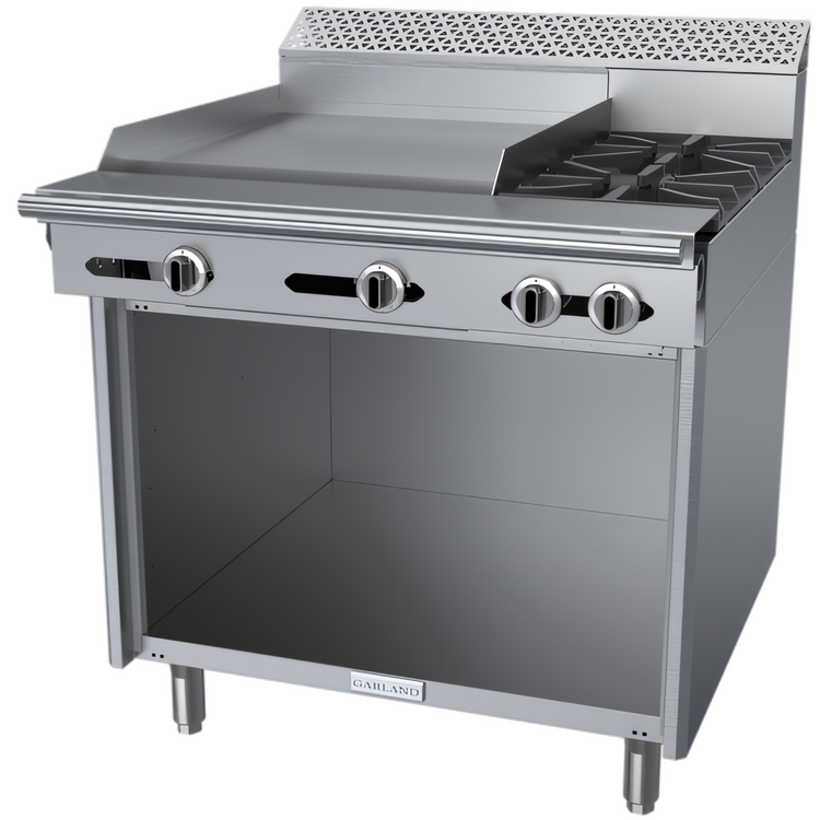 Product image #1 for Garland Cuisine Series 36-Inch Heavy Duty Gas Combination Top Range with 2 Open Burners, 24-Inch Thermostatic Griddle, and Storage Base