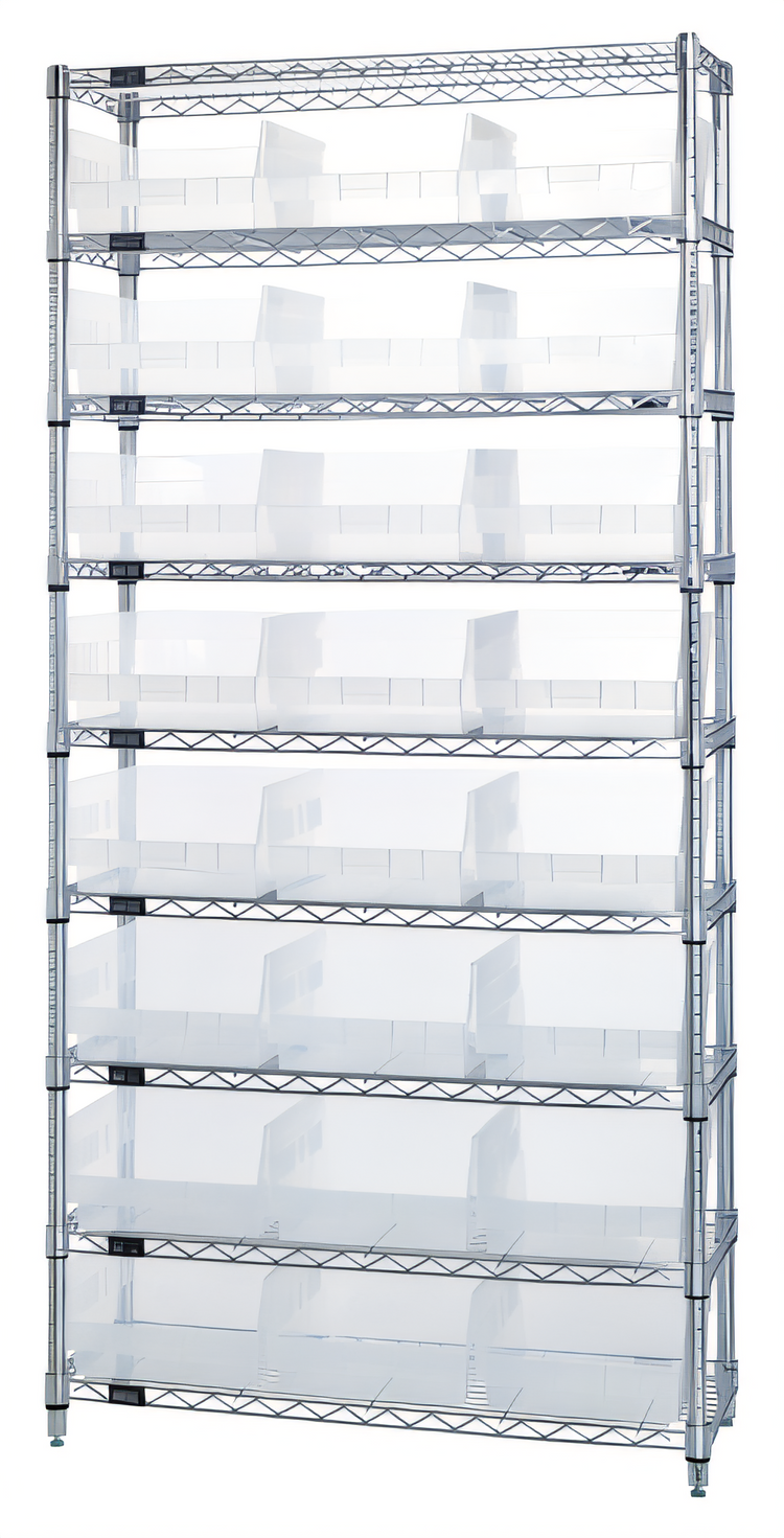 Product image #1 for Quantum 36-Inch x 18-Inch x 74-Inch Chrome-Plated Bin Wire Shelving System with 9 Shelves and 24 Clear Bins