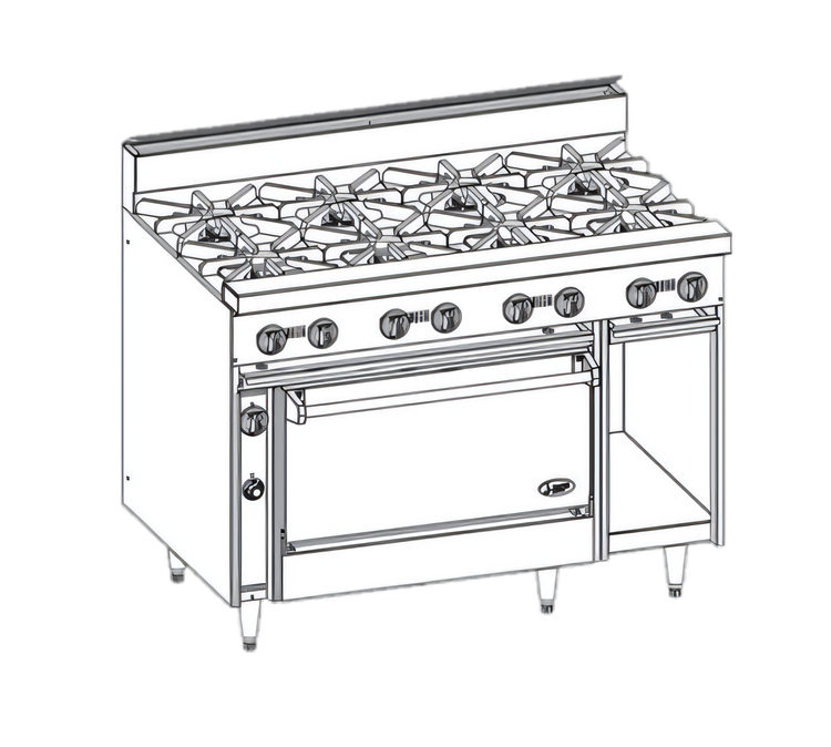 Product image #1 for Jade Bistro 48-Inch Shallow-Depth Heavy-Duty Gas Range with 8 Open Burners and Cabinet Base
