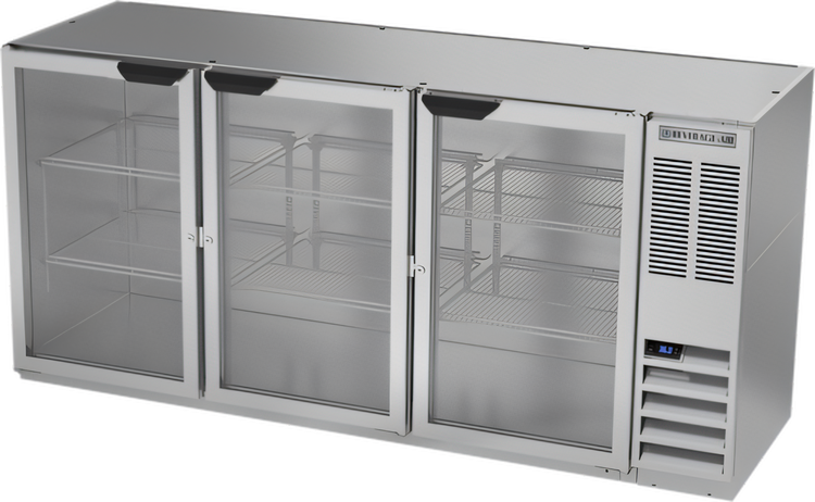 Product image #1 for Beverage Air BB72HC-FG-S Three-Section Food-Rated Glass Door Back Bar Refrigerator, 72-Inch Stainless Steel
