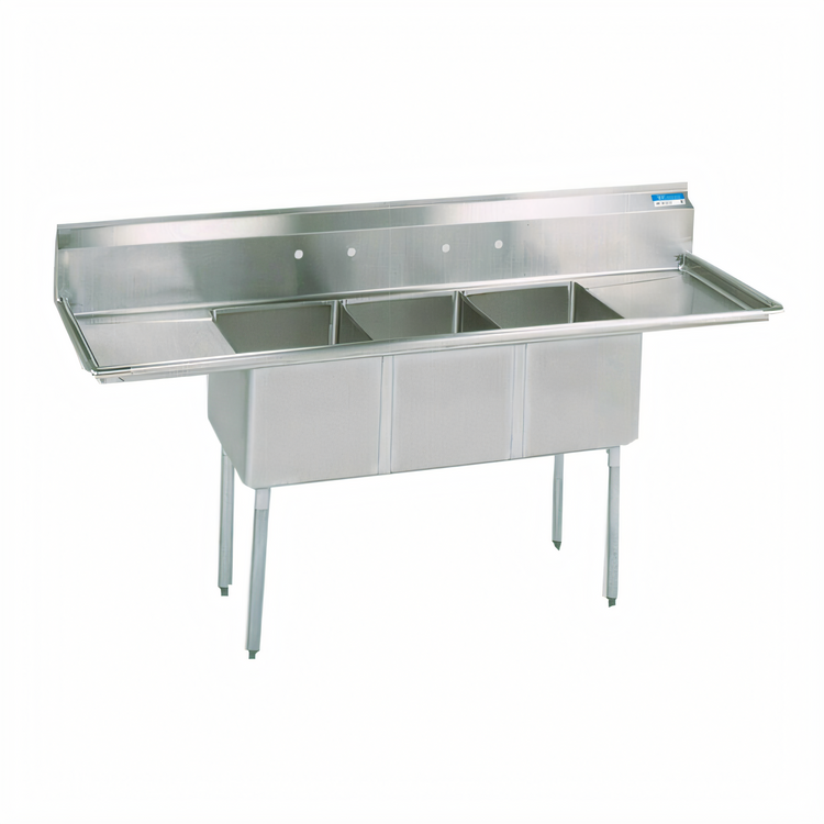 Product image #1 for Economy 3-Compartment Stainless Steel Sink with Dual Drainboards and 24 x 24 x 14 Inch Bowls