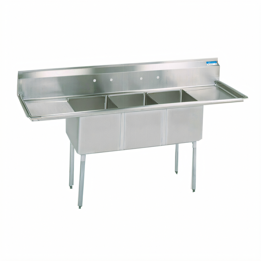 Product image #1 for Economy 3-Compartment Stainless Steel Sink with Dual Drainboards and 24 x 24 x 14 Inch Bowls