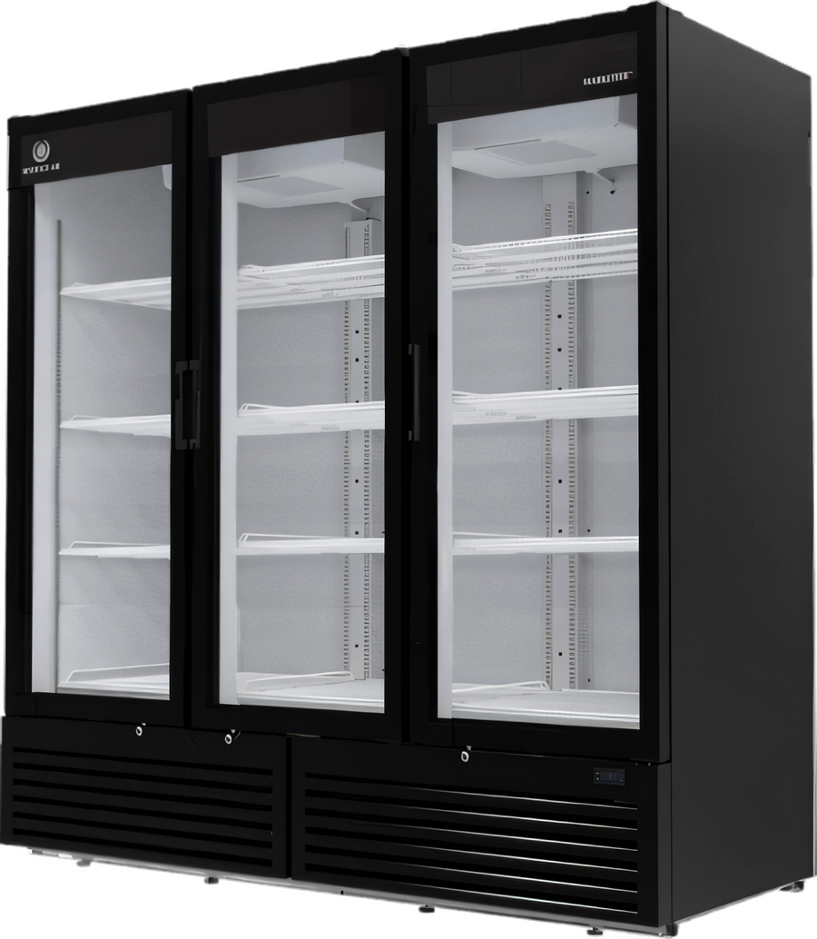 Product image #1 for Beverage-Air Marketeer MT72-1B Three-Section Reach-In Hinged Glass Door Refrigerated Merchandiser, 66.3 Cu. Ft., Black
