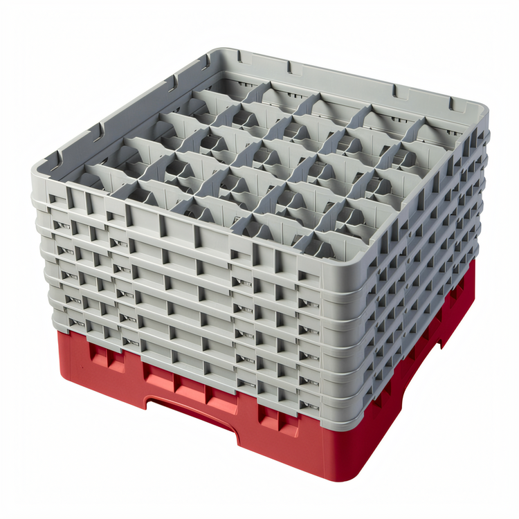 Product image #2 for Cambro Camrack® Full-Size 25-Compartment Glass Rack with 6 Soft Gray Extenders, Red