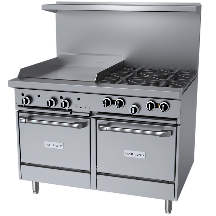 Product image #1 for Garland G Starfire Pro 48-Inch Gas Restaurant Range with 4 Open Burners, 24-Inch Griddle, and 2 Space-Saver Ovens