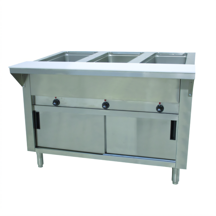 Product image #1 for Advance Tabco Triumph (Supreme) 47-1/8-Inch Electric Hot Food Table with 3 Sealed Wells, Cutting Board, and Sliding Door Base