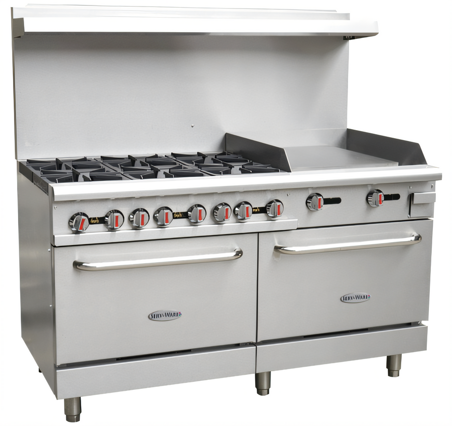 Product image #1 for Serv-Ware 60-Inch Gas Range with 6 Open Burners, 24-Inch Griddle, and 2 Standard Ovens - Natural Gas