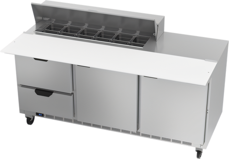 Product image #1 for Beverage-Air 72-Inch Three-Section Sandwich Prep Table with 12-Pan Top, 2 Doors, 2 Drawers, and Rear-Mounted Refrigeration
