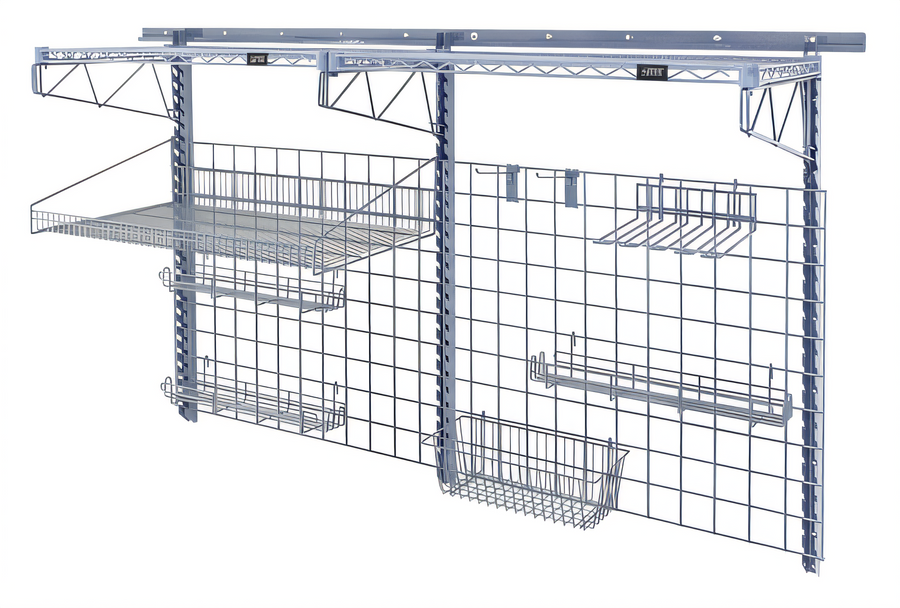 Product image #1 for Quantum Wall-Mounted Store Grid Medium-Duty Starter Kit with Shelves, Baskets and Hooks