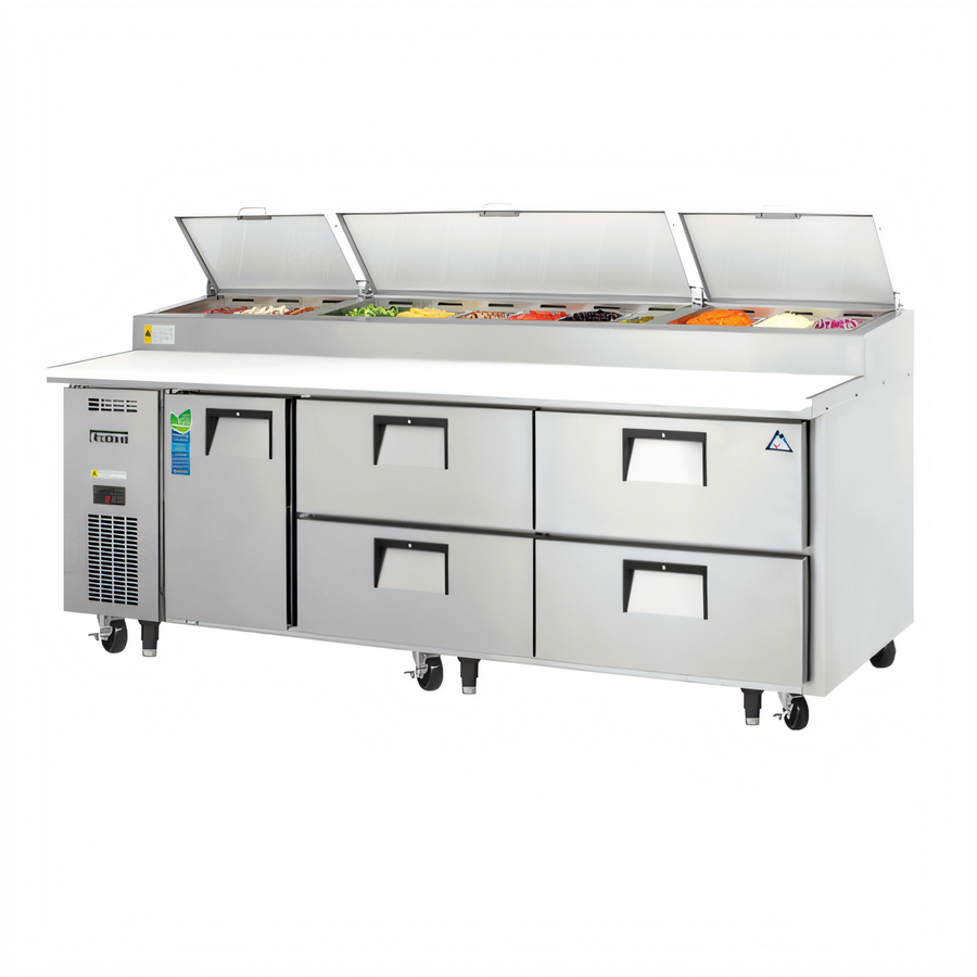 Product image #1 for Everest Refrigeration 93-1/8 Inch Three-Section Drawered Pizza Prep Table with 4 Drawers and 1 Door