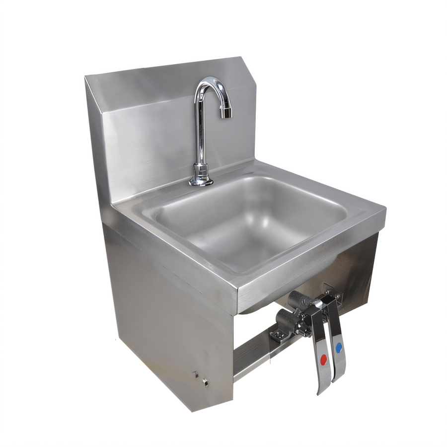 Product image #1 for BK Resources Space Saver Wall-Mounted Hand Sink with Gooseneck Faucet and Dual Knee Pedals, 9" x 9" x 5" Bowl
