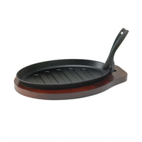 Winco 3-Piece Oval Cast Iron Steak Platter Set with Wood Underliner and Gripper Handle
