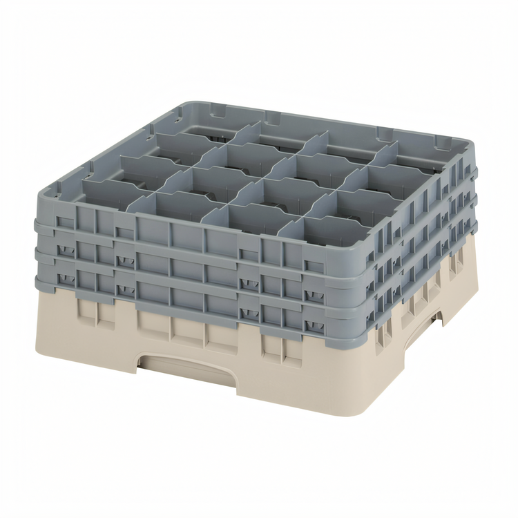 Product image #2 for Cambro Camrack® Full Size 16-Compartment Glass Rack with 3 Soft Gray Extenders, Beige