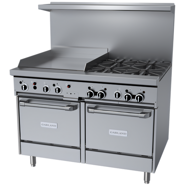 Product image #1 for Garland GF Starfire Pro 48-Inch Gas Restaurant Range with 4 Open Burners, 24-Inch Griddle, and 2 Space-Saver Ovens