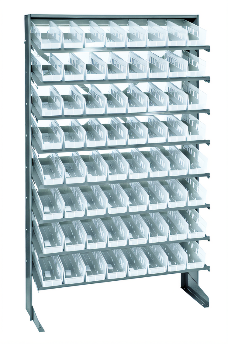 Product image #1 for Quantum Sloped Single-Sided Steel Pick Rack with 8 Shelves and 64 Clear Bins, 36 x 12 x 60 Inches