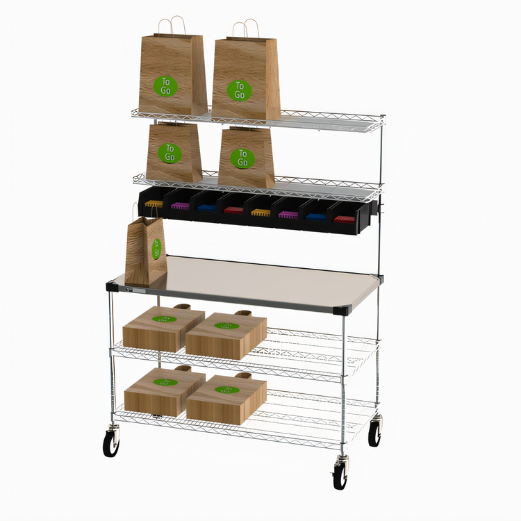 Product image #1 for Metro Chain Reaction Mobile Order Staging Cart / Drive-Thru Station with Solid Stainless Steel Top, 48 x 24 Inch
