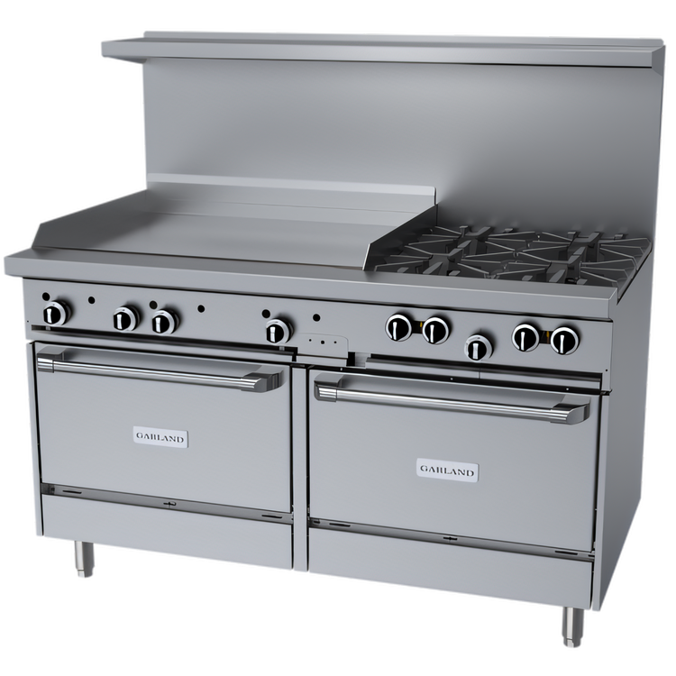 Product image #1 for Garland G Starfire Pro 60-Inch Gas Restaurant Range with 4 Open Burners, 36-Inch Griddle, and 2 Standard Ovens