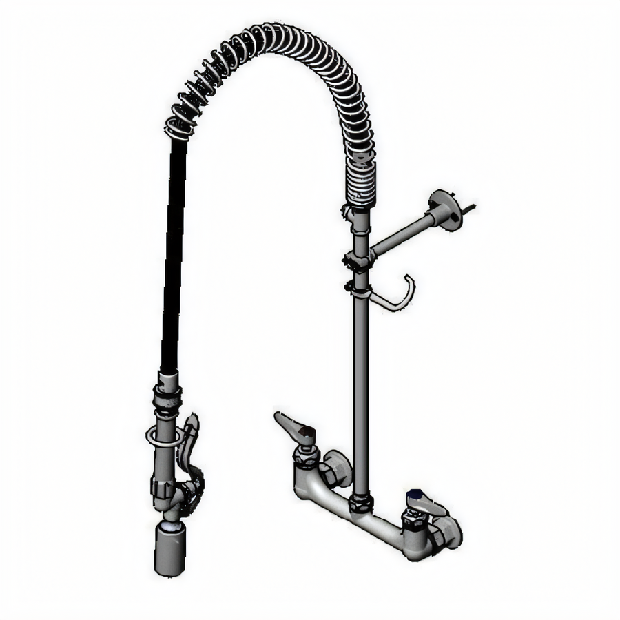 Product image #1 for T&S Brass EasyInstall 8-Inch Wall Mount Pre-Rinse Unit with Lever Handles, 18-Inch Riser, 44-Inch Hose, and 1.07 GPM Spray Valve