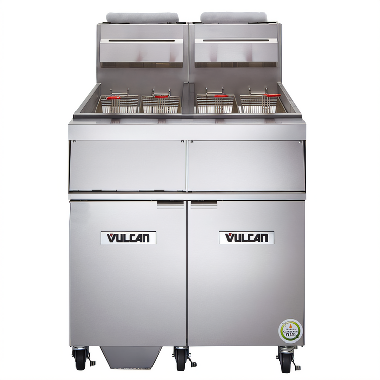 Product image #1 for Vulcan Quick Ship 31-Inch 2-Vat Gas Floor Fryer with KleenScreen Plus Filtration, Millivolt Controls, 45-50 lb. Capacity per Vat