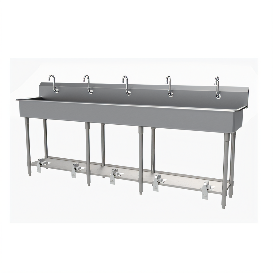 Product image #1 for Advance Tabco 5-Station Freestanding Toe-Push Multiwash Hand Sink with Gooseneck Spouts, 100 Inch, 304 Stainless Steel