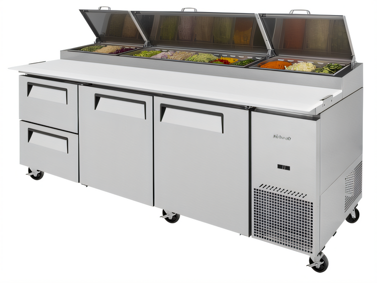 Product image #1 for Turbo Air Super Deluxe 93-Inch Three-Section Pizza Prep Table, 31 Cu. Ft., 2 Doors, 2 Drawers, Self-Cleaning Condenser
