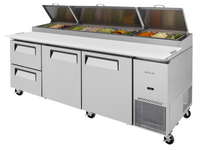 Turbo Air Super Deluxe 93-Inch Three-Section Pizza Prep Table, 31 Cu. Ft., 2 Doors, 2 Drawers, Self-Cleaning Condenser