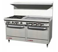 Southbend S-Series 60 Inch Gas Restaurant Range with 6 Open Burners, 24 Inch Thermostatic Griddle, Convection Oven and Cabinet Base