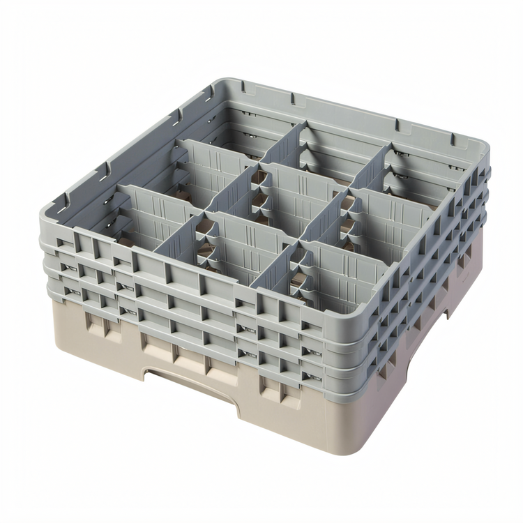 Product image #2 for Cambro Camrack Full-Size 9-Compartment Glass Rack with 3 Extenders, Beige