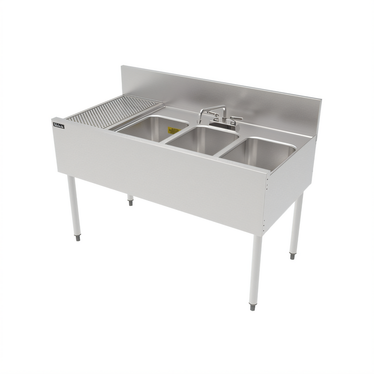 Product image #1 for 48-Inch Three-Compartment Stainless Steel Underbar Multi-Tank Sink Unit with Left Drainboard and Backsplash