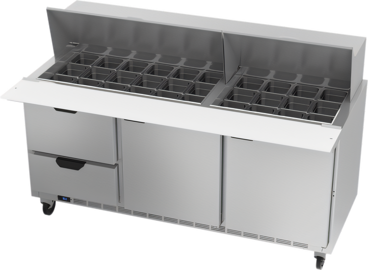 Product image #1 for Beverage-Air SPED72HC-30M-2 Mega Top Sandwich Prep Table with 30-Pan Top, 2 Doors, 2 Drawers