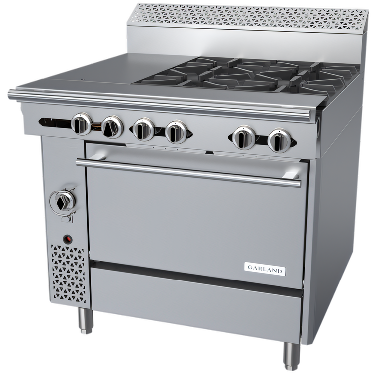 Product image #1 for Garland Cuisine Series 36-Inch Heavy Duty Combination Top Natural Gas Range with 4 Open Burners, 12-Inch Hot Top, and Convection Oven