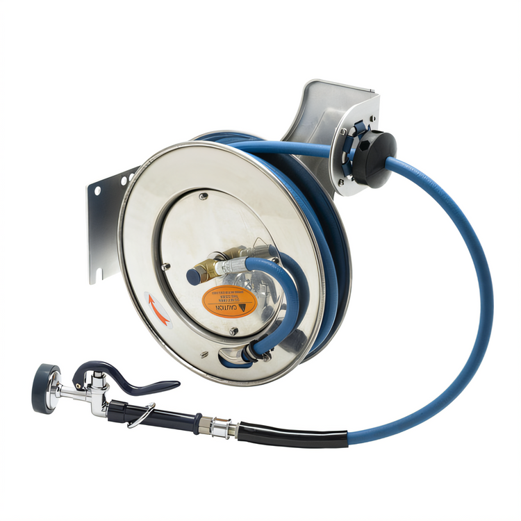 Product image #1 for Open Stainless Steel Wall-Mount Retractable Hose Reel System with 1/2" x 50' Hose and High-Flow Spray Valve