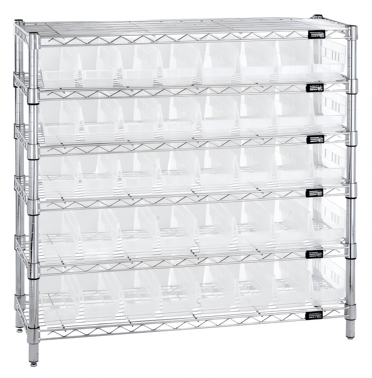 Product image #1 for Quantum 36 x 12 x 36-Inch Bin Wire Shelving System with 6 Shelves and 40 Clear Bins, Chrome Plated